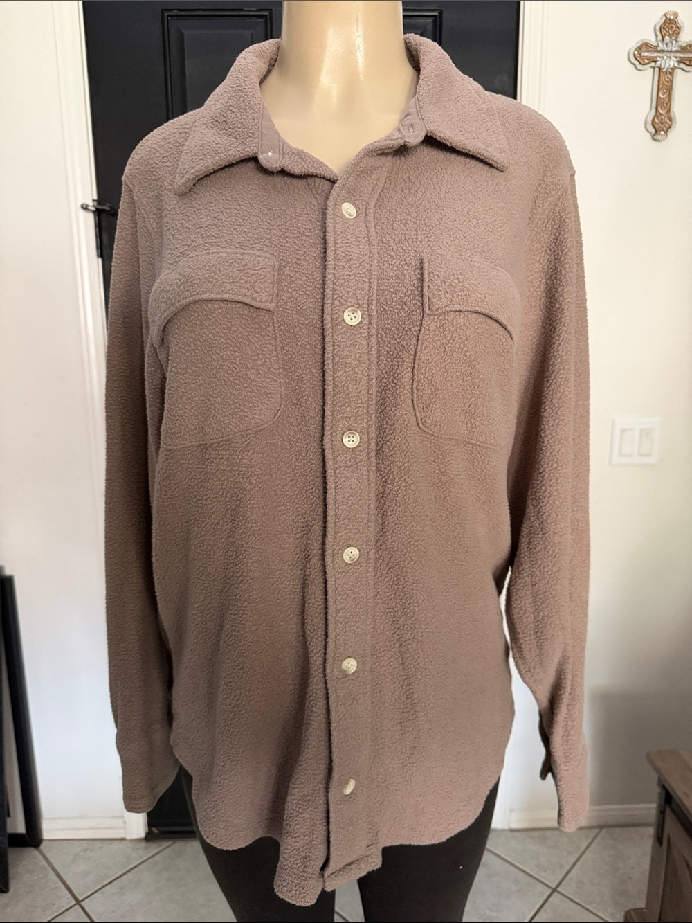 VS Pink size Small Taupe Button-Up Fleece Shirt